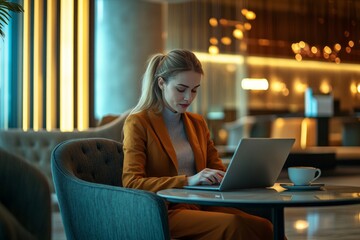 Guest using the hotel business center â€“ A professional woman in a quiet, modern business center, typing on a laptop with a cup of coffee beside her, focused and productive