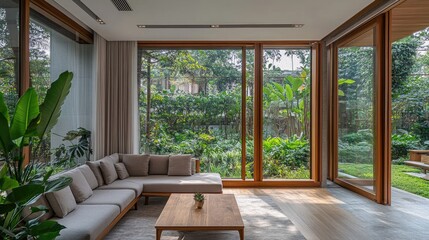 Modern Living Room with Natural Light and Green View