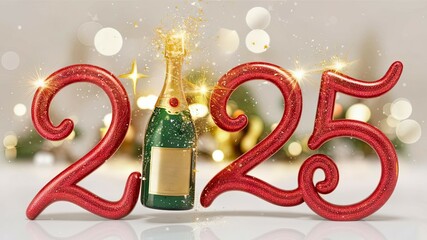 Festive 2025 red design with a champagne bottle in place of '0' on a bokeh-lit background, creating a joyful New Year greeting concept.