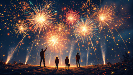 Fireworks Enthusiasts Watching Pyrotechnic Display in the Night Sky,Synchronized Pyrotechnics Display for Fireworks Enthusiasts