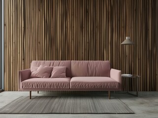 A pink sofa with three pillows sits on a grey rug in front of a wooden slat wall A lamp and side table are to the right