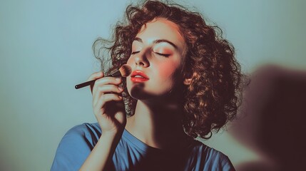 Canvas Print - Young woman with curly hair applies blush with a brush.