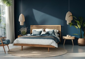 Modern bedroom with blue walls. a large bed with wooden frame. a wicker headboard. and two wicker pendant lights A circular jute rug sits on the light wooden floor A large potted plant and chair add a