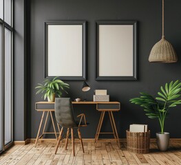 Modern home office with a black wall. wooden desk and two empty frames