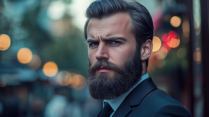 handsome male gentleman in a suit with a beard and stylish hairstyle on a blurred background with bokeh 