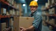 © realone952 - Happy 50 year old man in yellow hard hat carrying box in work shirt at warehouse