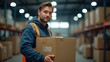 © realone952 - Young man at work wearing a hoodie and orange safety vest carrying a box