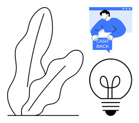 Line art leaf, lightbulb, and a person with cashback sign visible. Ideal for Marketing, Financial Services, Innovation, E-commerce, Minimalistic Design. Simple, clean, contemporary style