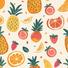 Aufkleber - Brightly colored fruit elements including pineapples, strawberries, and citrus slices create a playful design on a light backdrop. Generative AI