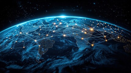 A stunning view of Earth at night showcasing vibrant city lights and global connectivity through network lines