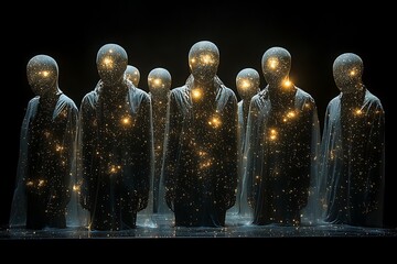 silhouettes of people adorned with cosmic galaxy and stars.