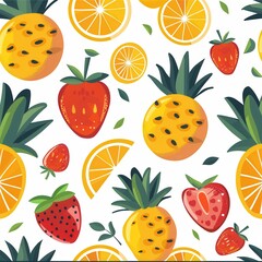 Aufkleber - A vibrant pattern showcasing an arrangement of pineapples, strawberries, and lemon slices, creating a cheerful, fruity design. Generative AI
