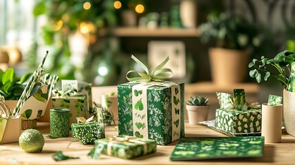 Close-up of green-themed eco-friendly gifts with Green Monday sale signs, festive setup