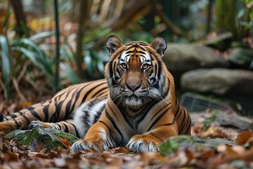 Beautiful orange fur with black stripes on an endangered species of Malayan tiger lying in the forest, Generative AI.