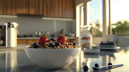 Fresh Granola Bowl with Berries on Kitchen Counter