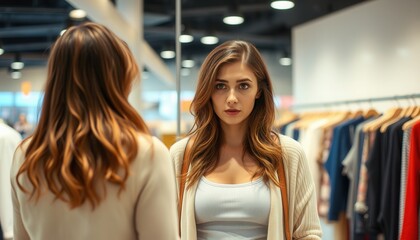 Young woman trying on clothes in a modern store during the afternoon, reflecting in a mirror