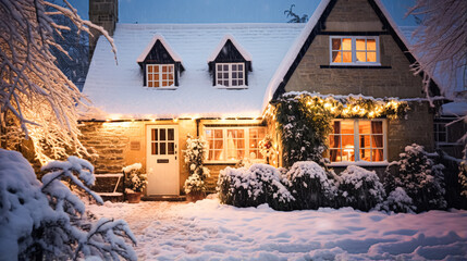 Christmas in the countryside, cottage and garden decorated for holidays on a snowy winter evening with snow and holiday lights, English country styling inspiration