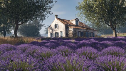 Wall Mural - A charming stone cottage nestled amidst a field of lavender flowers