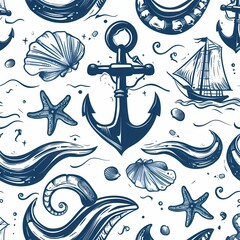 Leinwandbilder - A decorative pattern showcases nautical elements like anchors, starfish, shells, and ships for creative design use. Generative AI