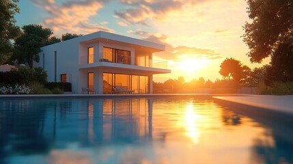 Modern house with a pool at sunset.