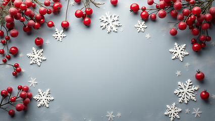 Aufkleber - Snowflakes and red berries on a gray background create a festive flat lay for Christmas, winter, or New Year decor ideas.