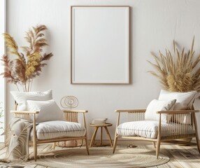 Two white armchairs with wooden frames and white cushions. a large wooden framed poster and dried pampas grass in a vase in a living room