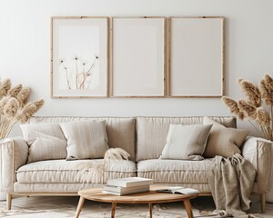 A minimalist living room with a beige sofa. wooden coffee table. and three framed pictures on the wall There are fluffy pampas grass in the corner and a woven rug on the floor