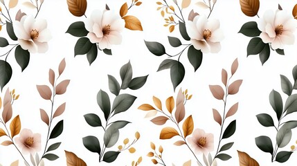 Poster - Floral pattern with green leaves and white flowers. The flowers are in various sizes and are scattered throughout the pattern