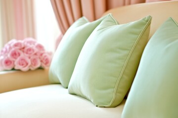 Wall Mural - Stylish pastel-themed living room with soft green cushions and romantic pink decor elements