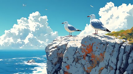 Two seagulls perched on a cliff overlooking a vast blue ocean under a bright blue sky with white clouds.