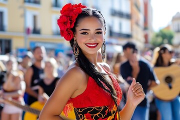 A flamenco performance in Spain with a dancer in a red dress, clapping hands, and guitar music playing, symbolizing the passion and intensity of Spanish culture