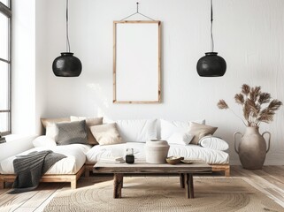 Minimalist living room interior with white sofa. wooden coffee table. two black pendant lamps. a large framed canvas. and a vase with dried reeds