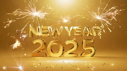 Wall Mural - Golden numbers '2025' shine brightly in celebration of the New Year, with glimmering sparkles and festive tones setting the mood for a joyful, hopeful future.