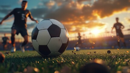 Evening match on a soccer field with golden sunlight