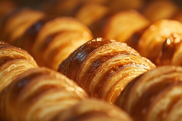 A row of croissants are baking in an oven