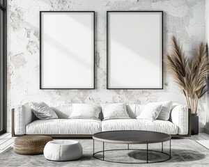 Two blank frames above a white sofa with a coffee table and two ottomans in a living room setting