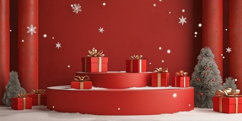 minimalist christmas stage setting with red background and festive decorations for seasonal celebrat