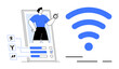 © robu_s - A person emerging from a smartphone screen with fitness icons and activity completion bars on the left, symbolizing a fitness tracking application. Ideal for health, fitness, technology, apps
