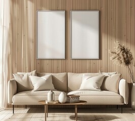 Minimalist living room interior with a beige sofa. coffee table. two empty picture frames. wooden wall. and a vase of dried plants