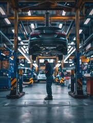 A mechanic examines a car elevated on a hoist in a bustling automotive workshop, focusing on repairs and maintenance tasks. Generative AI