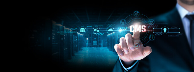 Wall Mural - cms (content management systems): businessman pointing icon with website management, content creatio