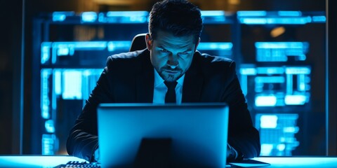 A businessman is working on his computer in an office. He's focused on protecting his company's data and systems from cyber threats.