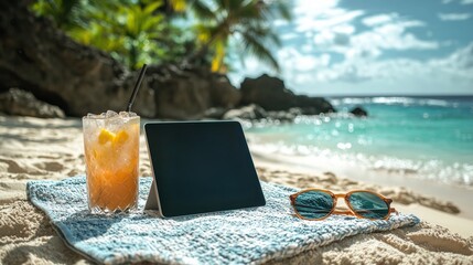 Tropical Beach Setup with Tablet and Refreshing Drink