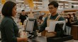 © Anna - Supermarket checkout interaction: cashier assisting customer at register.