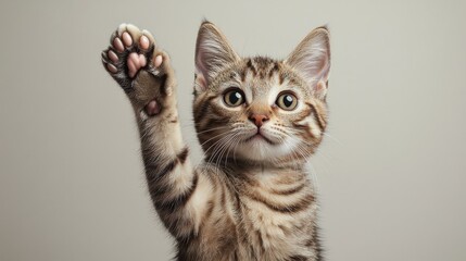 Wall Mural - Cute striped kitten raises paw against a neutral background, exuding playful curiosity during a cozy indoor moment