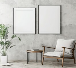 A minimalist living room interior with a comfortable armchair. a side table. and two blank picture frames on a concrete wall The space is decorated with a potted plant