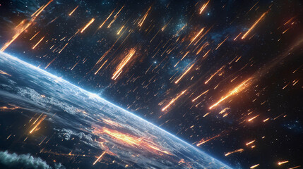 Wall Mural - a large meteor shower falling on planet earth, with glowing meteors igniting upon entering the atmos