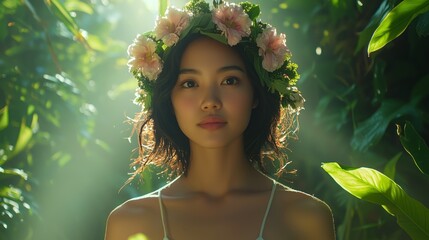 Young Woman in Floral Crown in Lush Environment