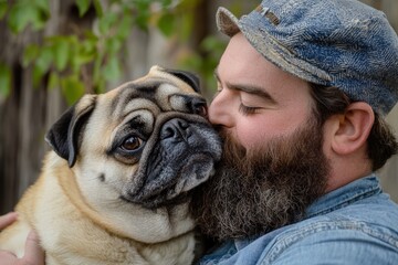 Dog Kiss. Portrait of an Adult Man and Pug Dog Sharing a Funny and Adorable Moment