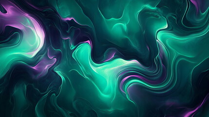 Wall Mural - Neon ripple effect. Abstract shapes pulsating in shades of green and purple. Glossy finish creating depth and texture. Horizontal element for festive party, seminar talks, social media post